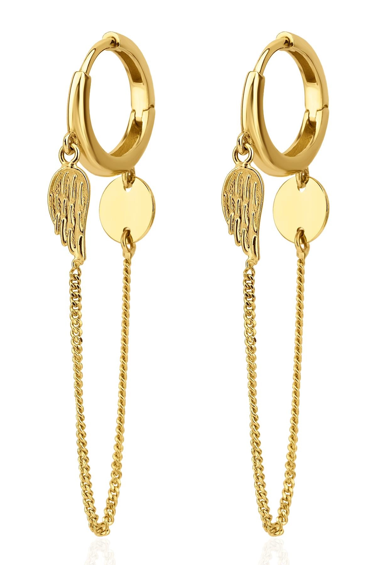 14K Gold Angel Wing Shape Fine Chain Huggie Earrings