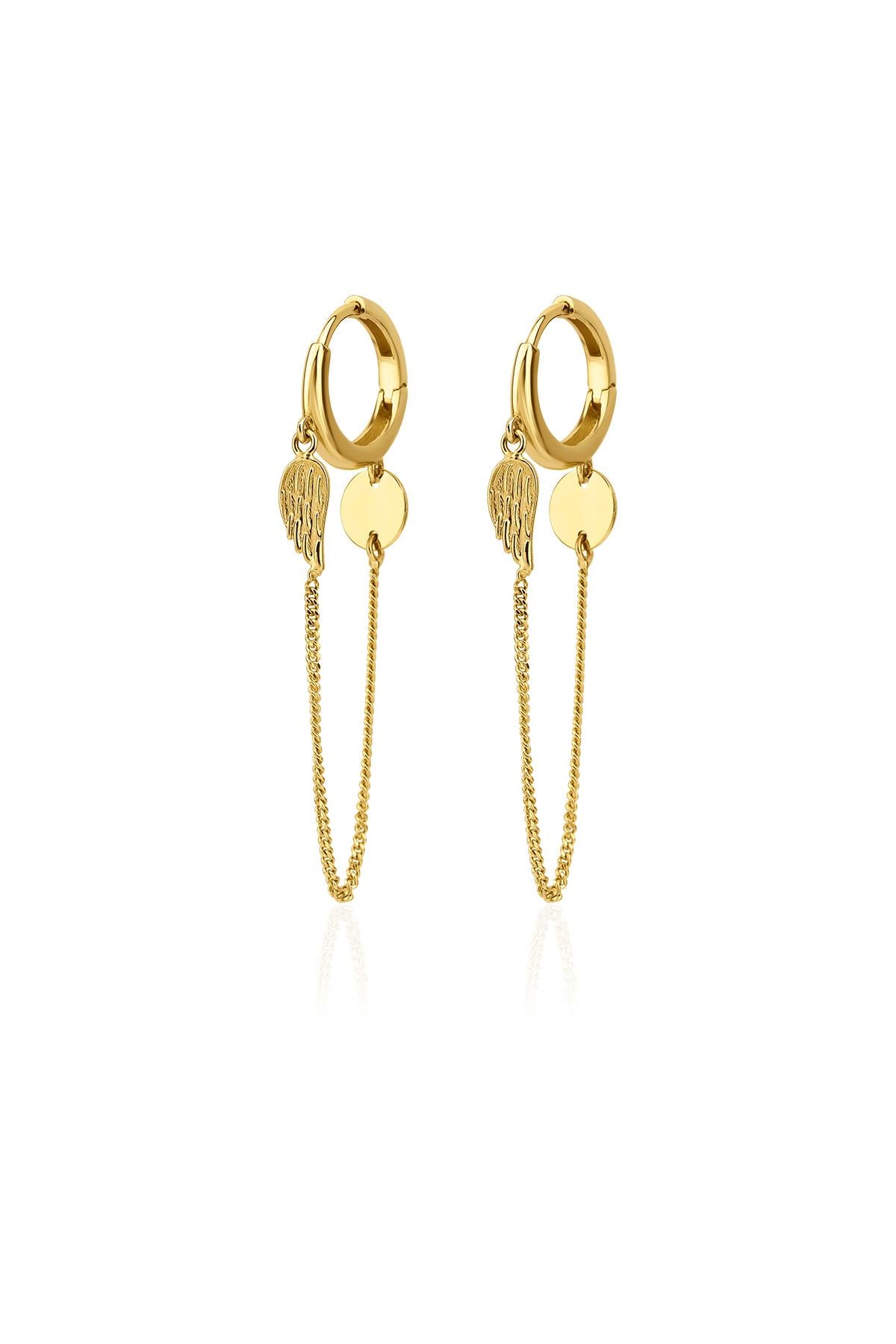 14K Gold Angel Wing Shape Fine Chain Huggie Earrings