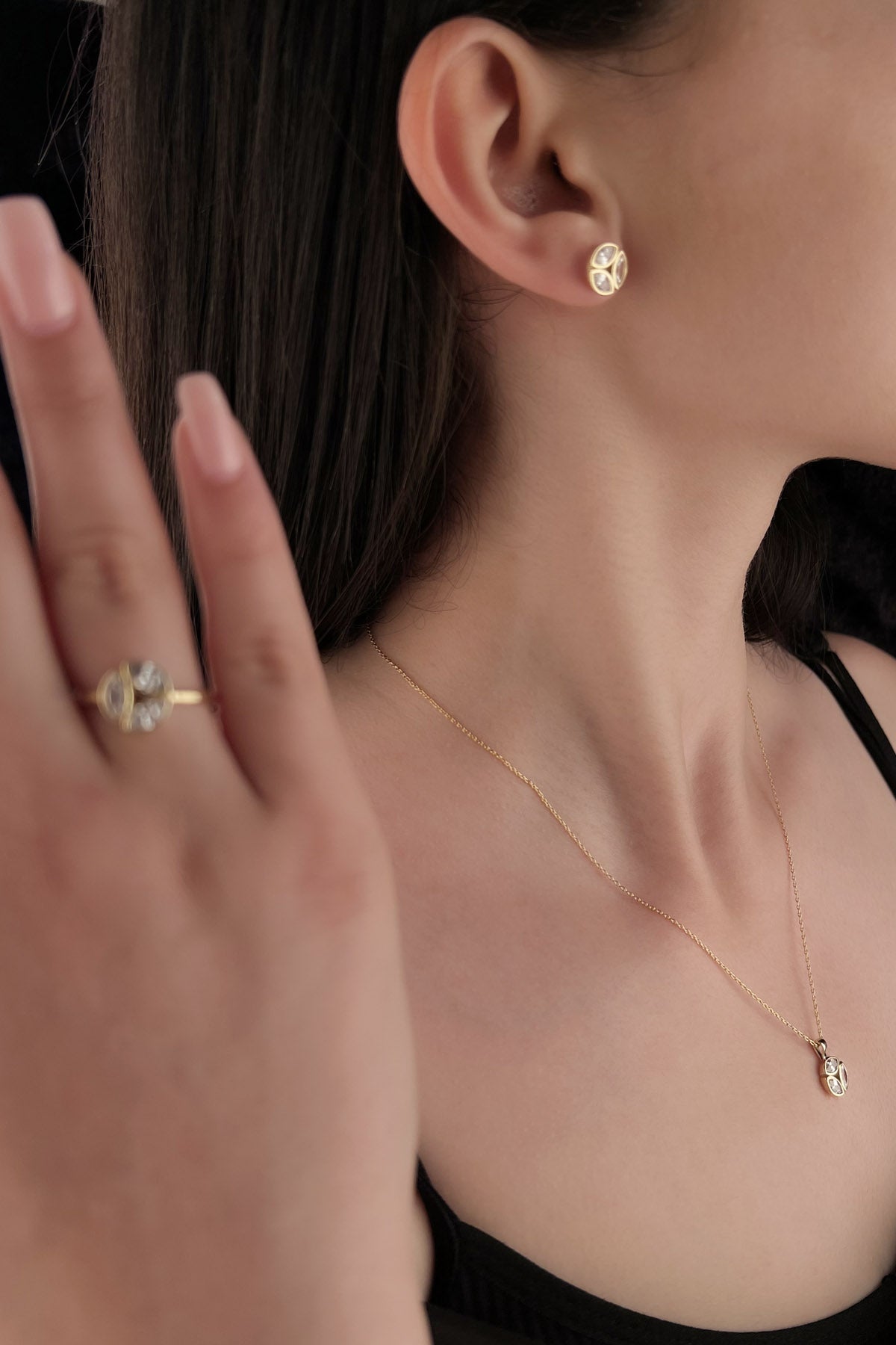 14K Gold Blue Three Stone Set ( Necklace - Bracelet - Ring )