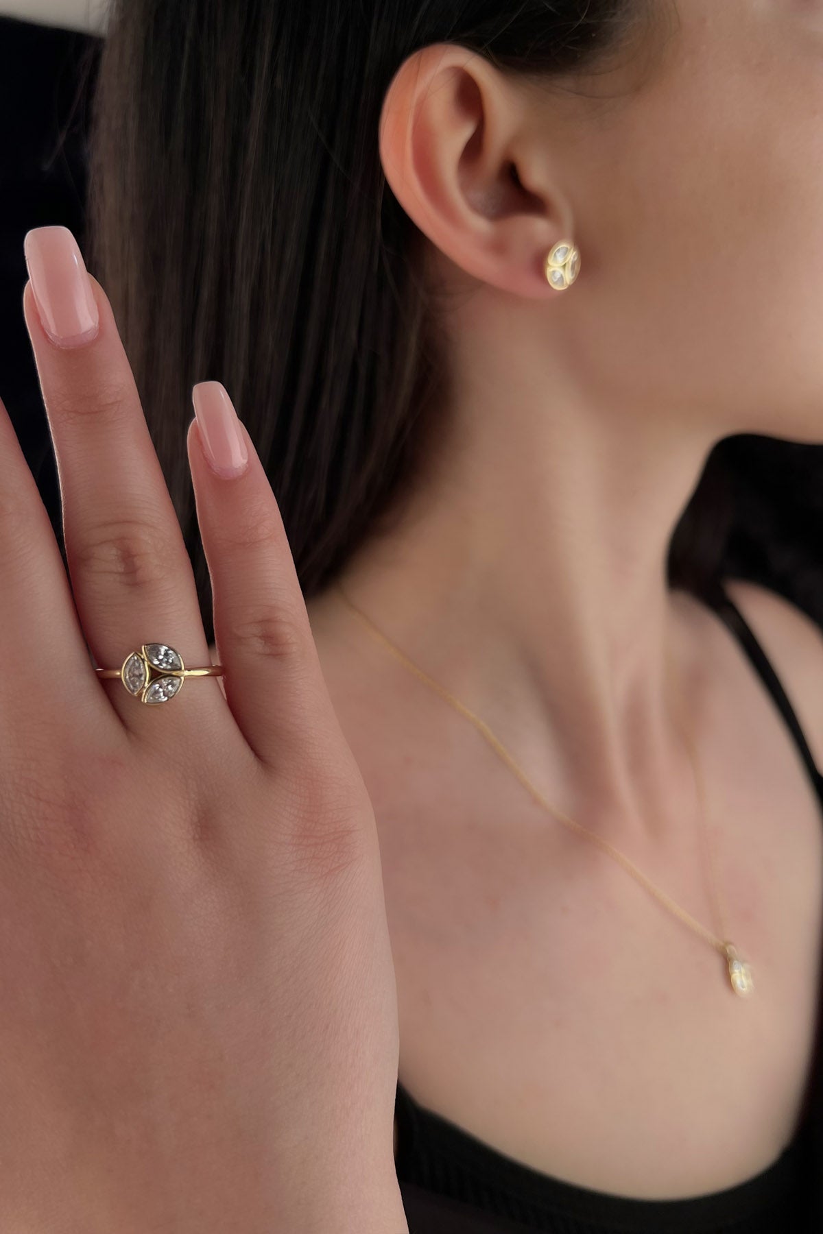 14K Gold Blue Three Stone Set ( Necklace - Bracelet - Ring )