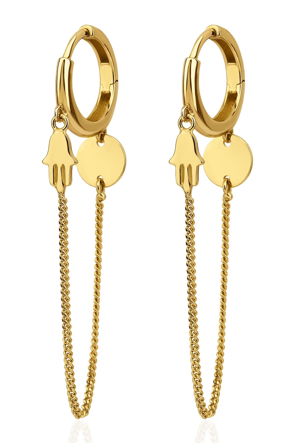 14K Gold Hamsa Hand Shape Fine Chain Huggie Earrings