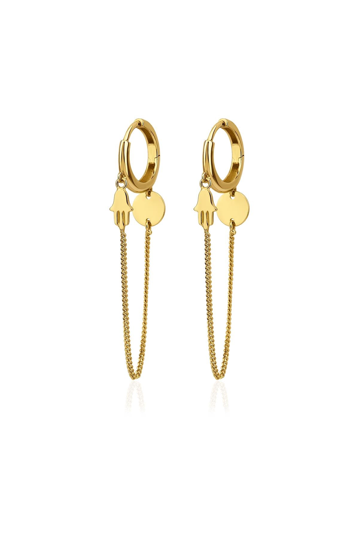14K Gold Hamsa Hand Shape Fine Chain Huggie Earrings