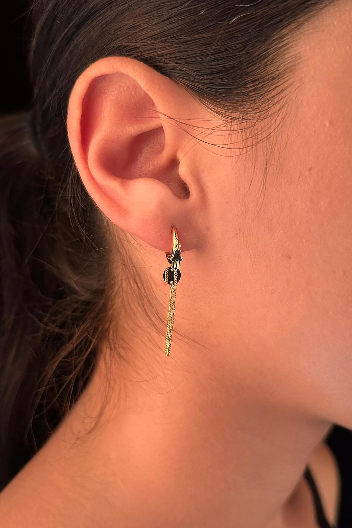14K Gold Hamsa Hand Shape Fine Chain Huggie Earrings