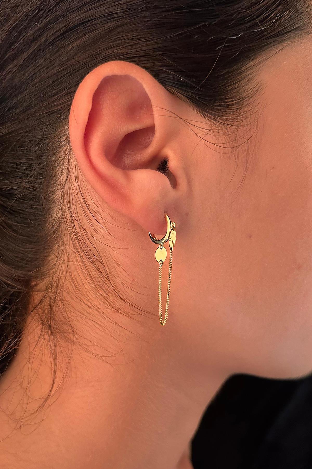 14K Gold Hamsa Hand Shape Fine Chain Huggie Earrings