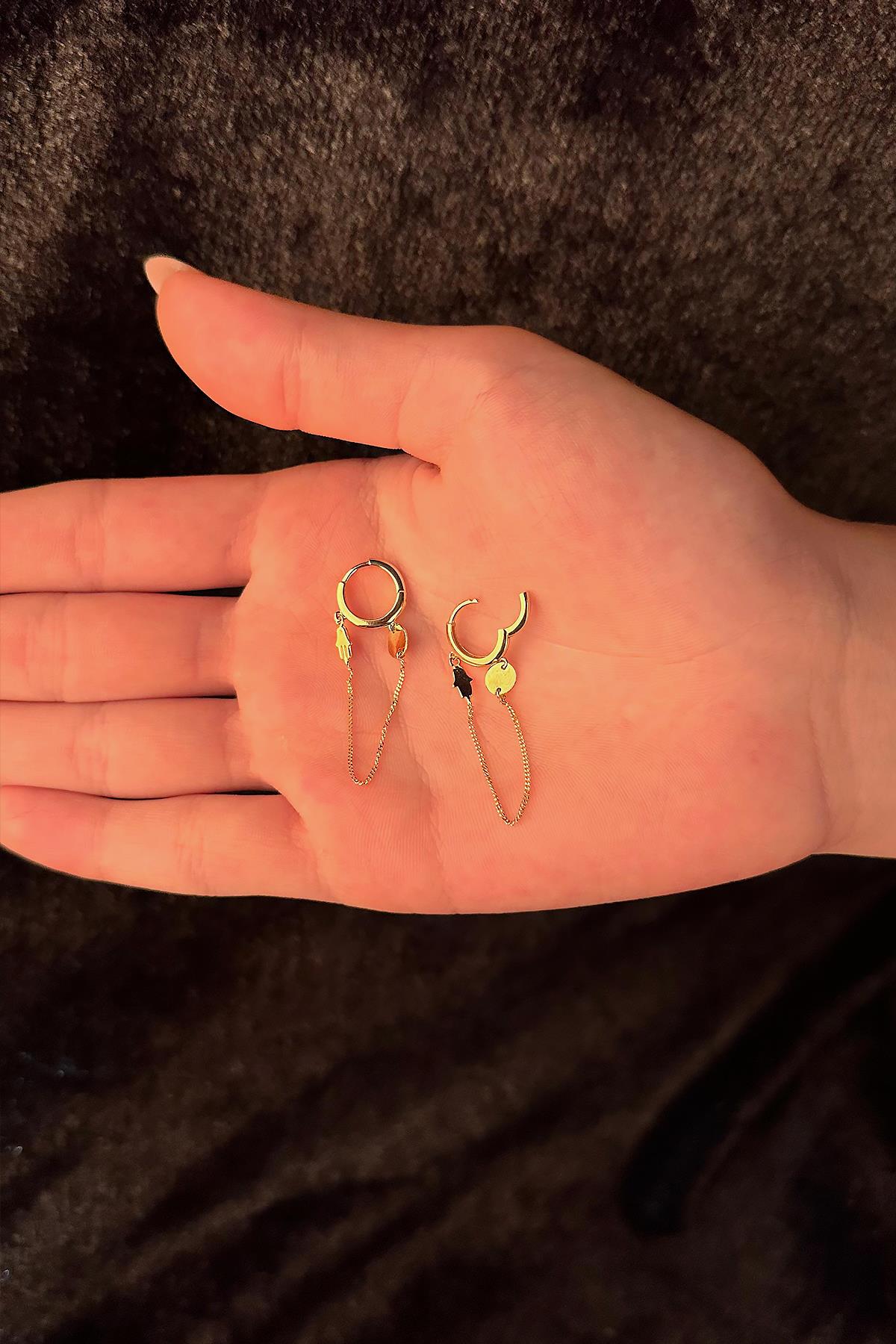 14K Gold Hamsa Hand Shape Fine Chain Huggie Earrings
