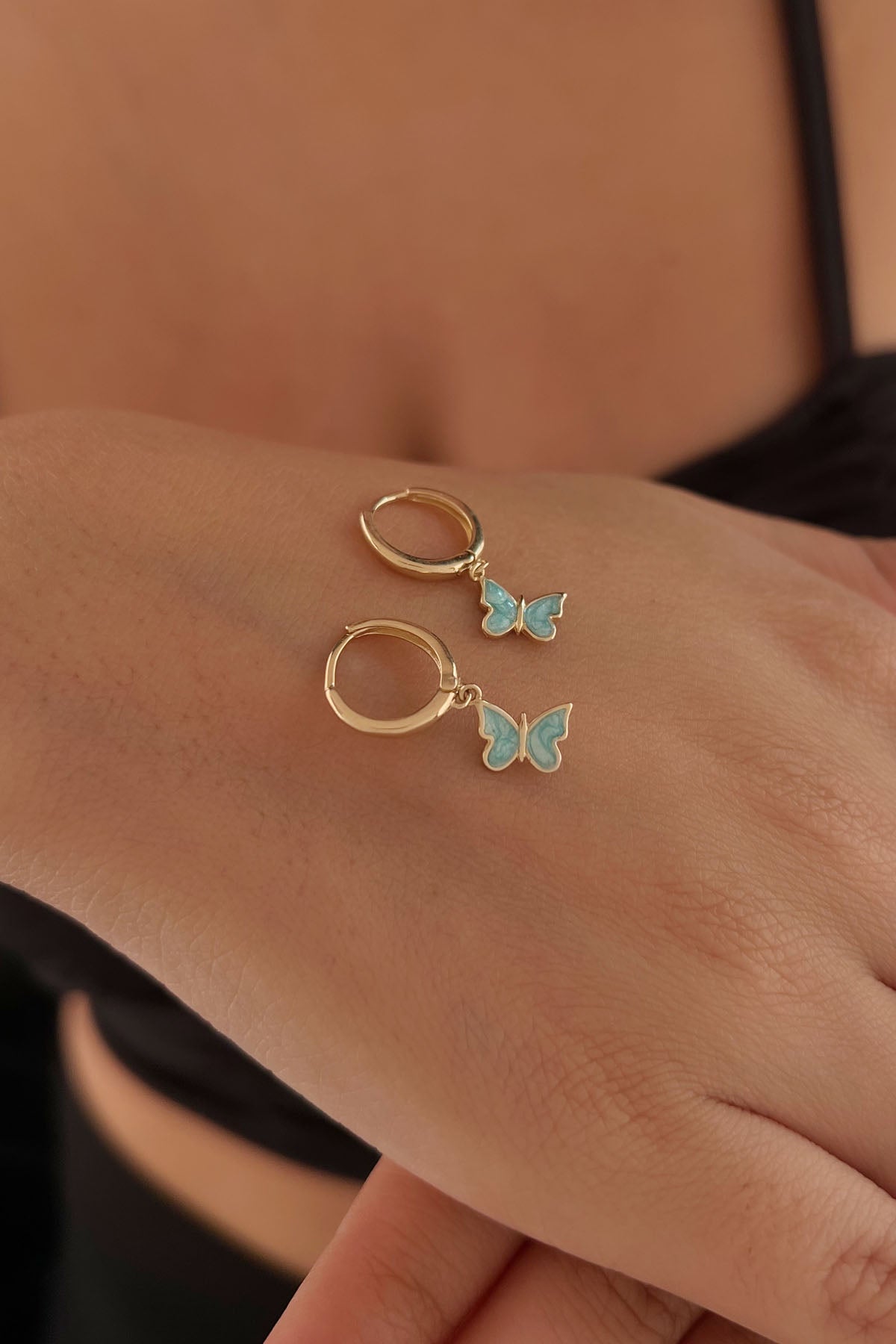 14K Gold Huggie Earrings Light Blue Enamel Butterfly Dangle