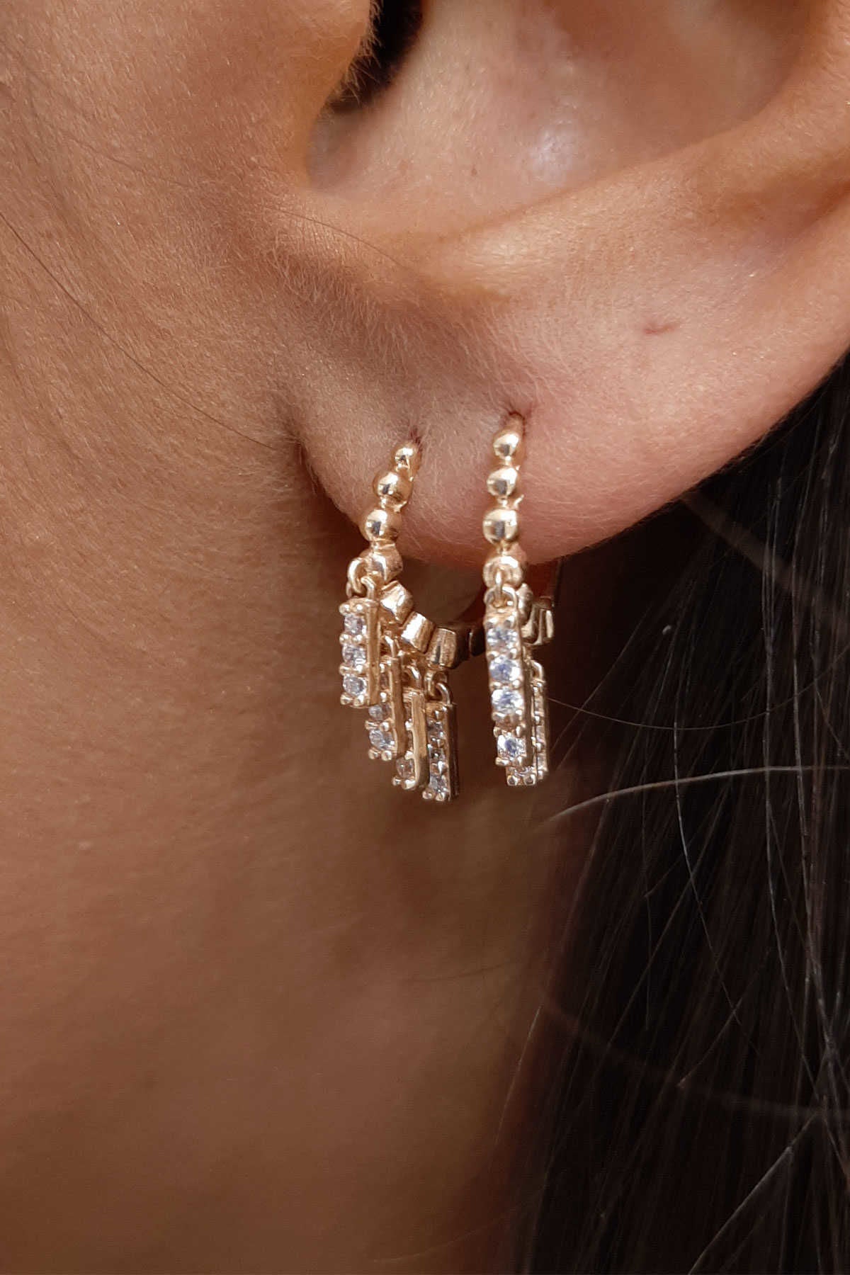 14K Gold Huggie Earrings Stones Dangle