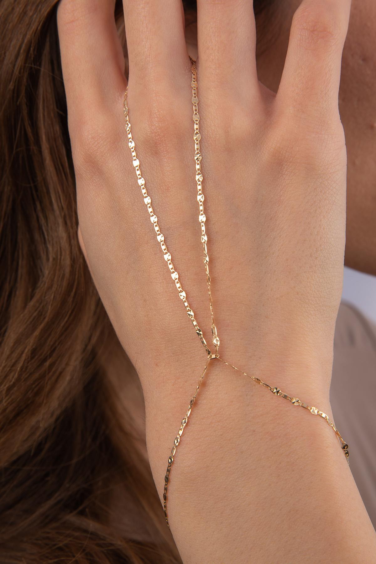 14K Gold Mirror Link Mariner Hand Chain