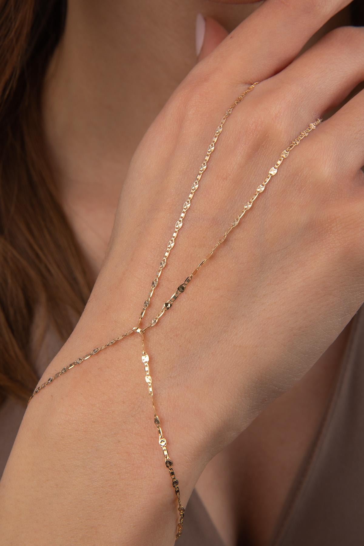 14K Gold Mirror Link Mariner Hand Chain