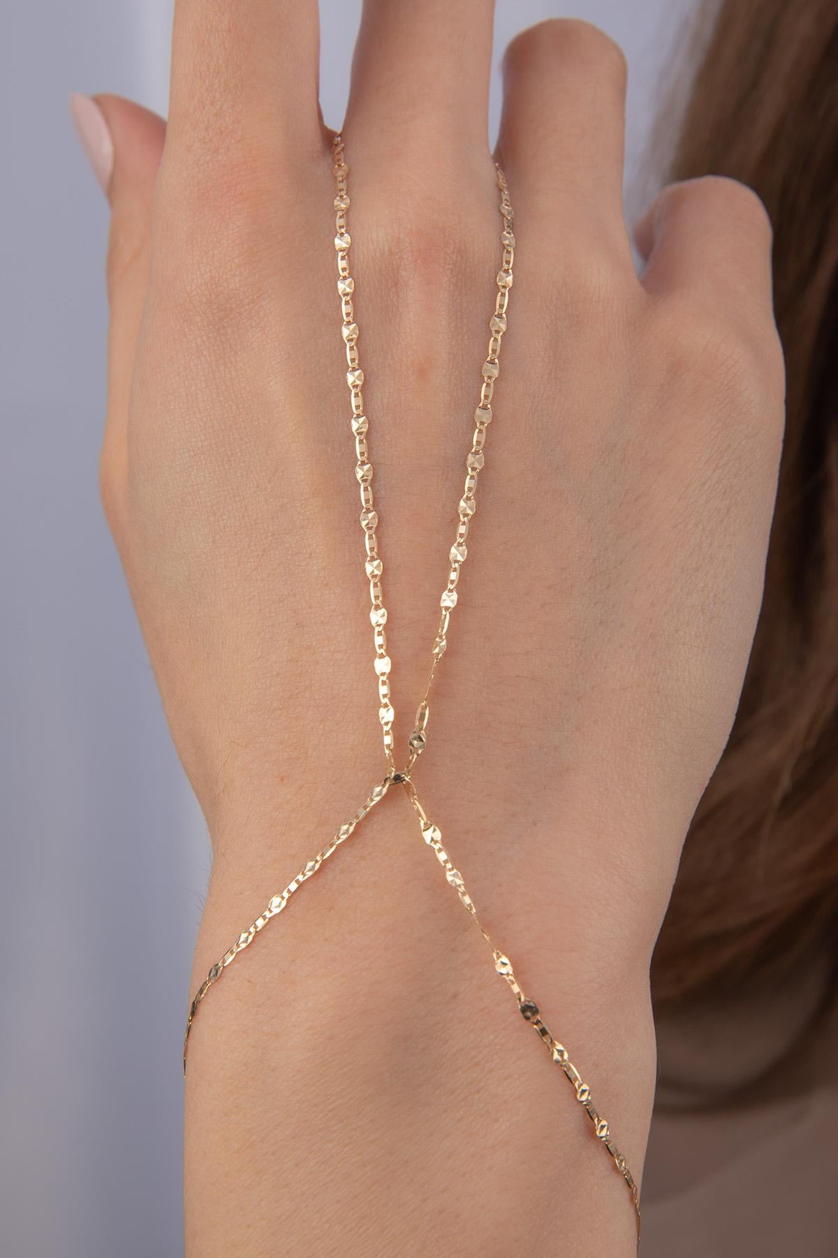 14K Gold Mirror Link Mariner Hand Chain