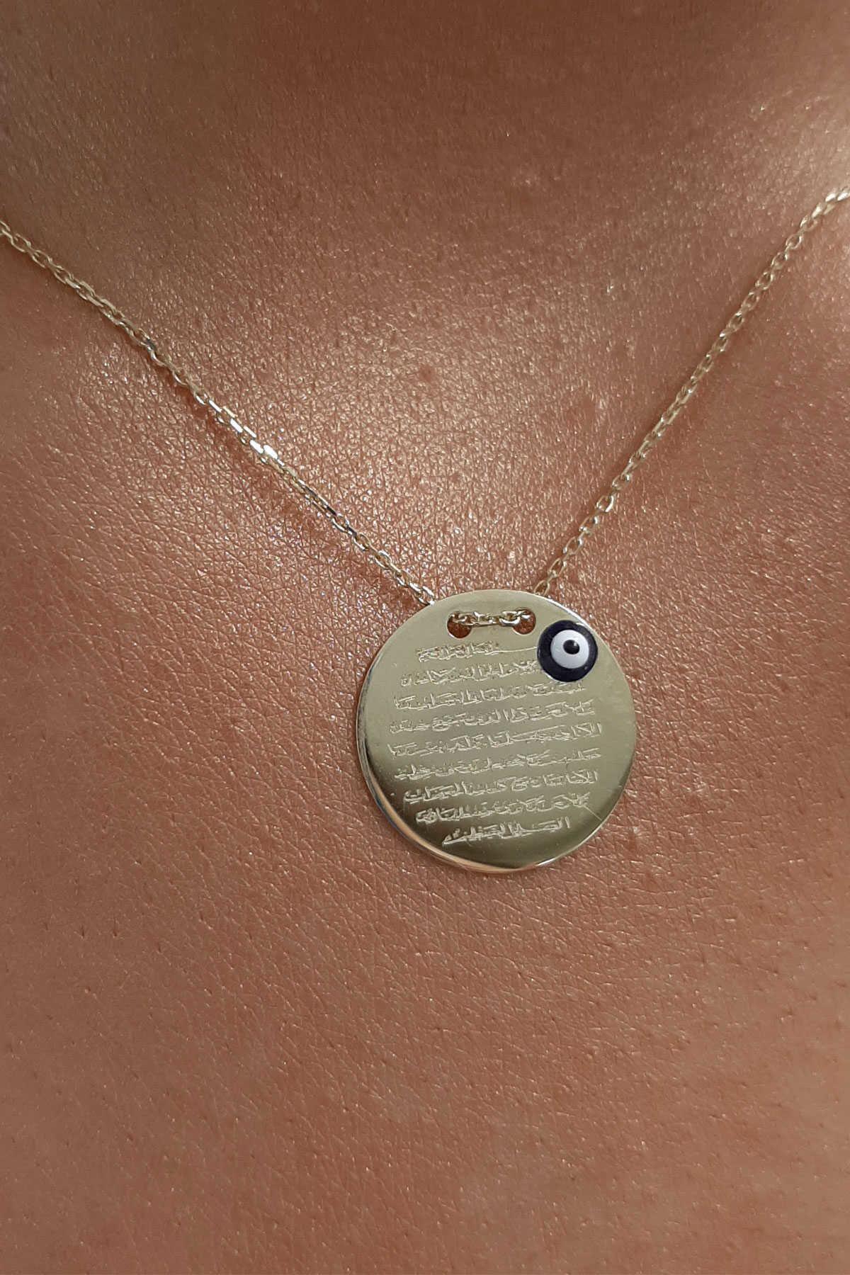 14K Gold Prayer Protection Written Round Evil Eye Necklace
