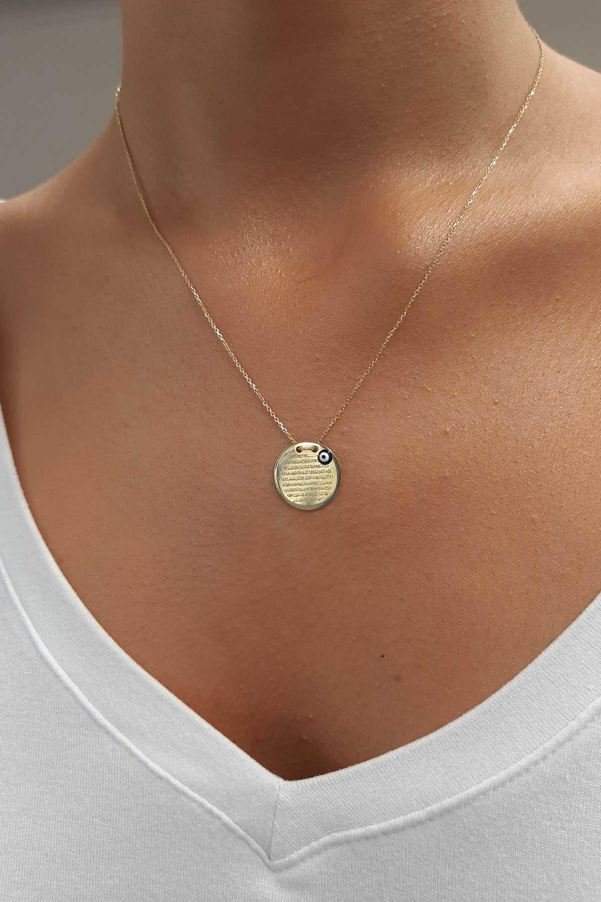 14K Gold Prayer Protection Written Round Evil Eye Necklace