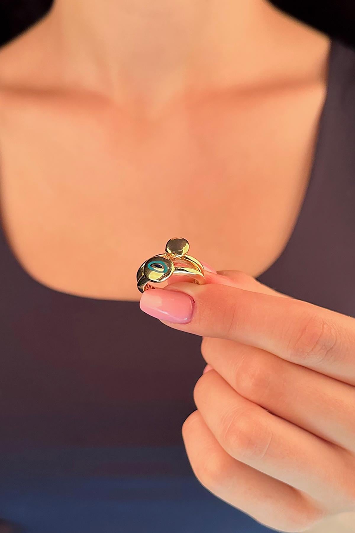 14K Gold Puff Ring With Evil Eye Detail