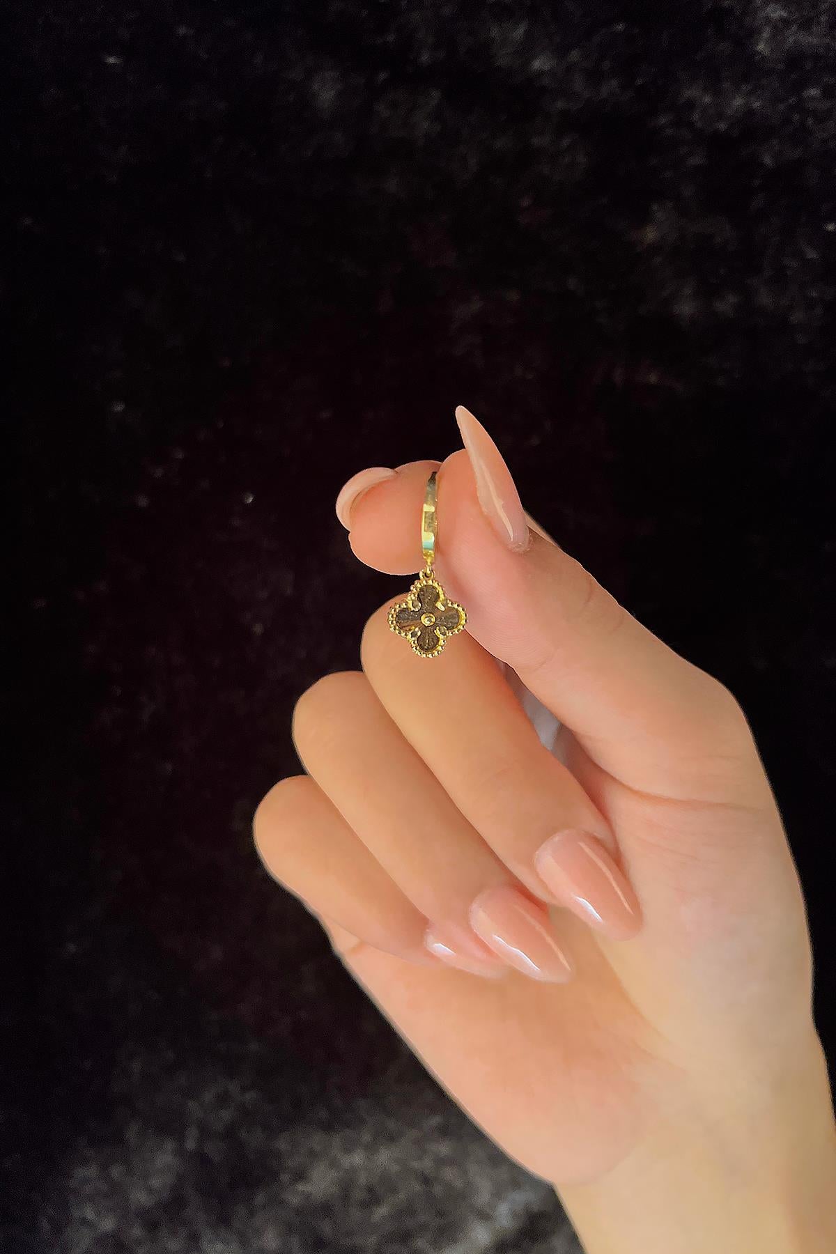 14K Gold Sunburst Clover Dangle Huggie Earrings