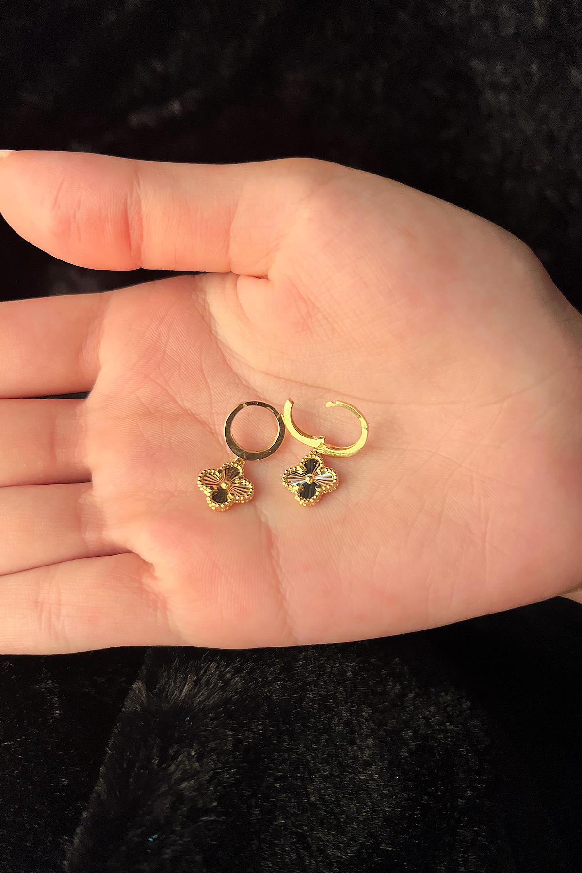 14K Gold Sunburst Clover Dangle Huggie Earrings