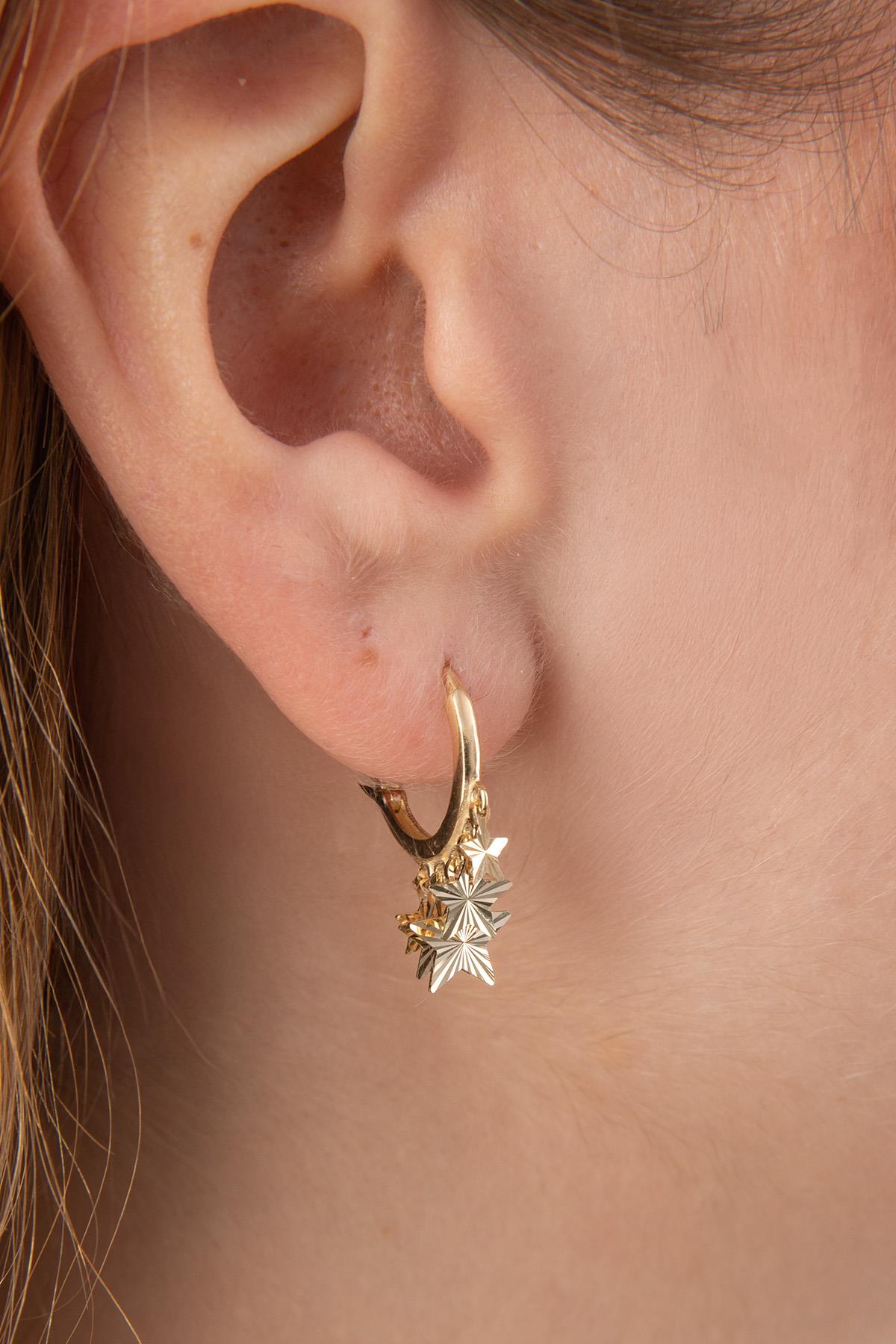 14K Gold Sunburst Star Dangle Huggie Earrings