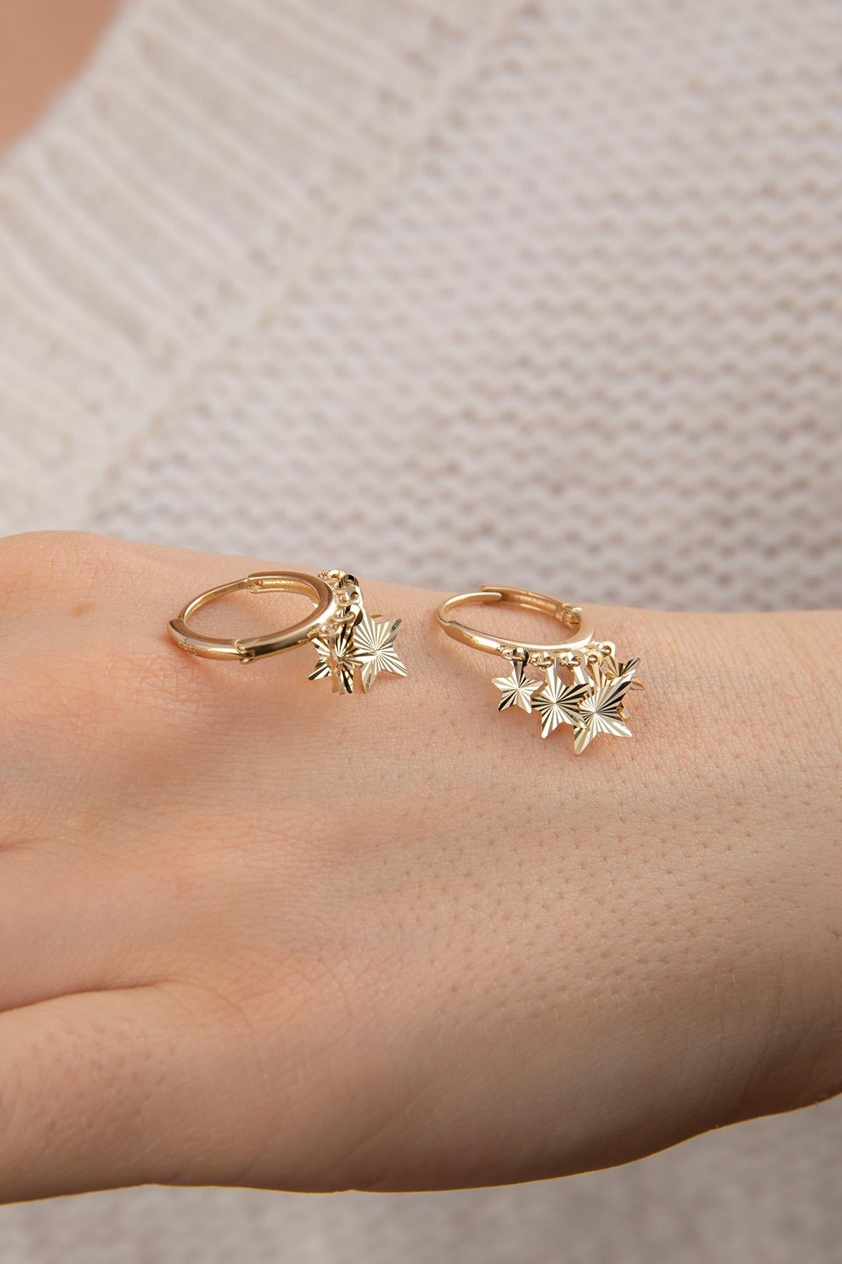 14K Gold Sunburst Star Dangle Huggie Earrings