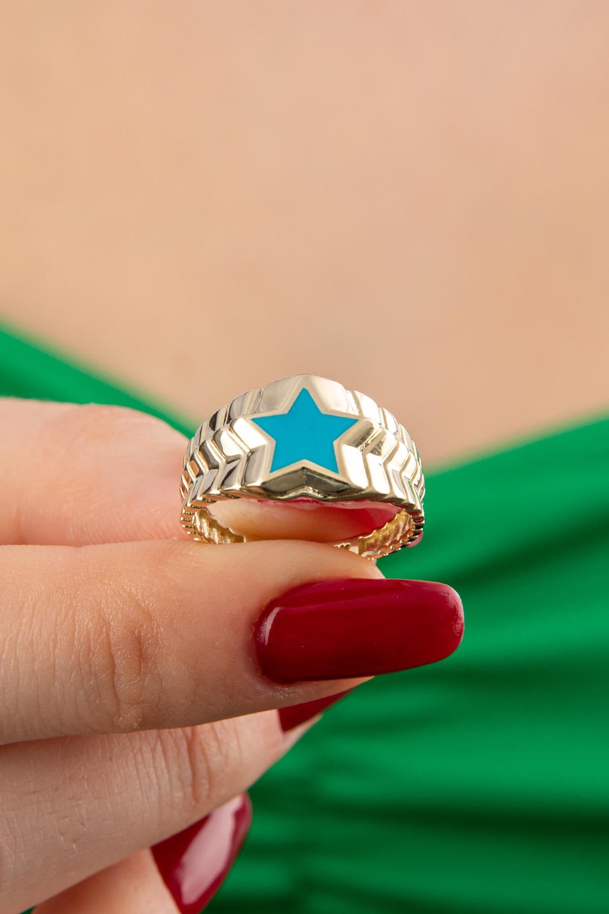14K Gold Turkuaz Enamel Star Ring
