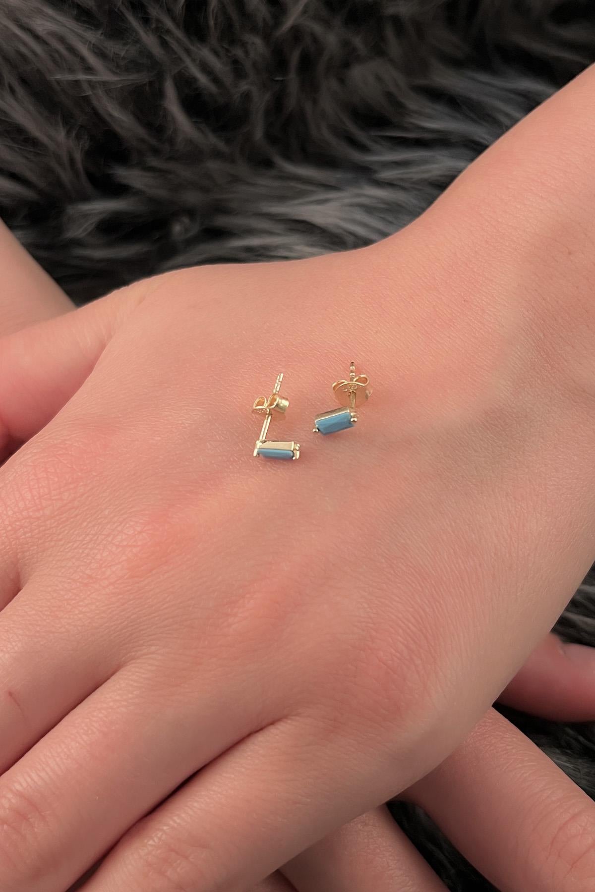 14K Gold Turquoise Stone Baguette Stud Earrings