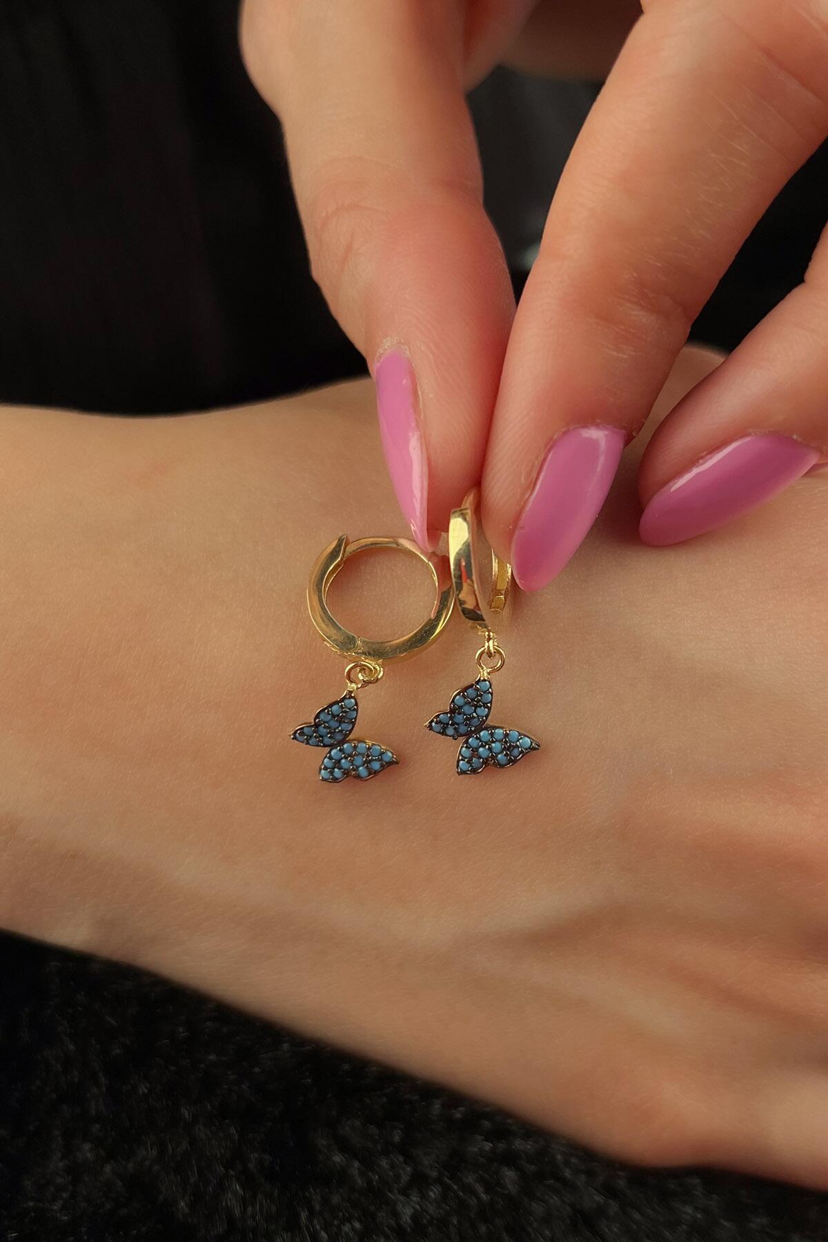 14K Gold Turquoise Stone Butterfly Shape Dangle Huggie Earrings