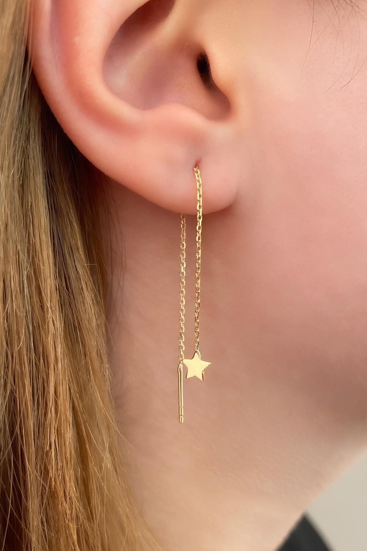 14K Gold Star-Detail Chain Earrings