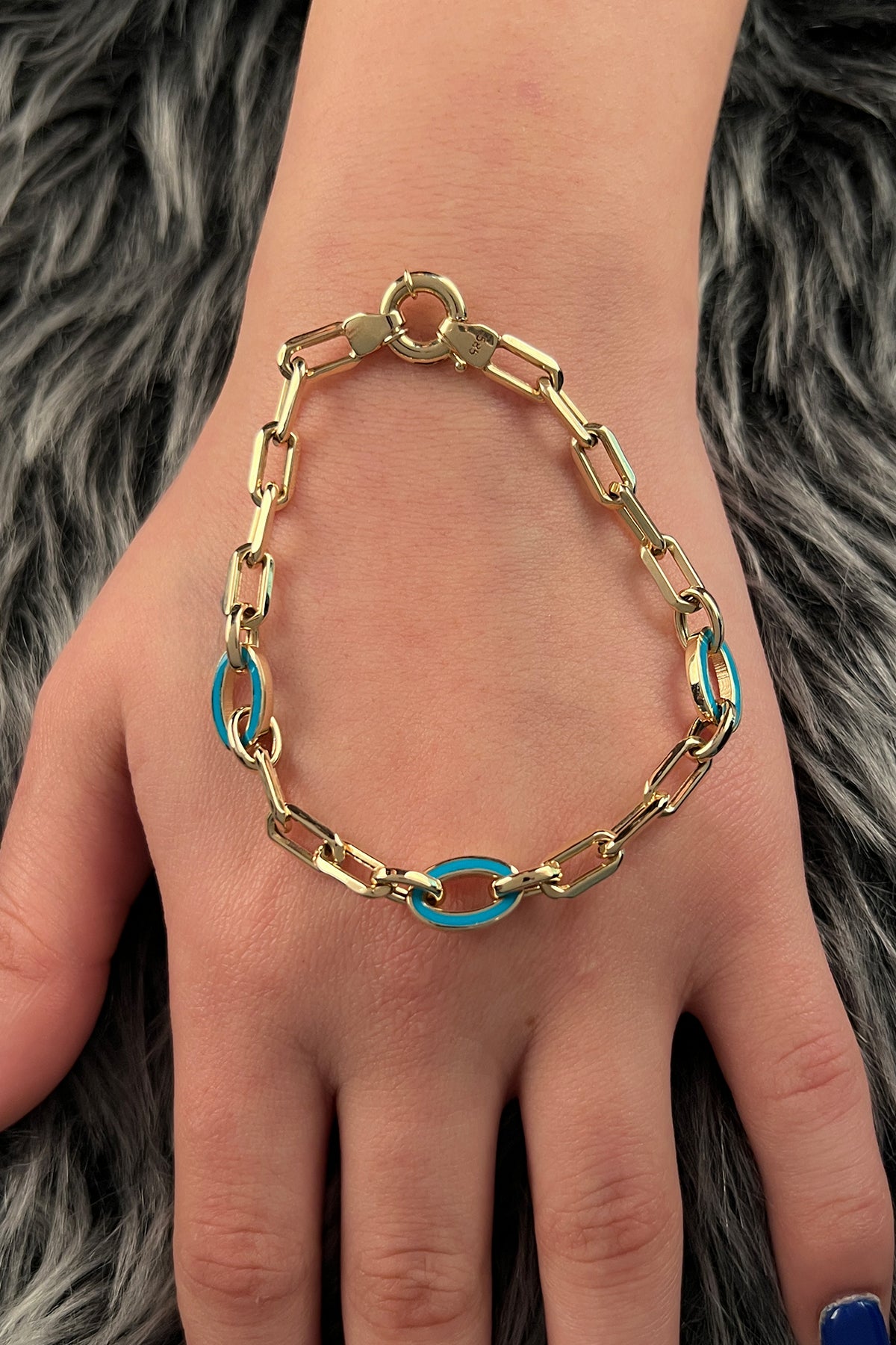 14K Gold Turquoise Enamel Paperclip Bracelet