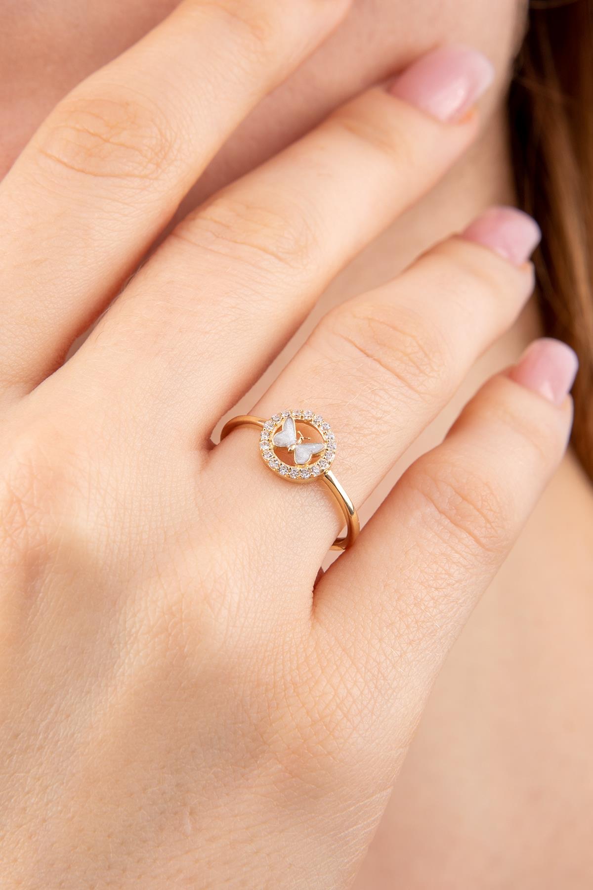 14K Gold White Enamel Butterfly Ring With Stone
