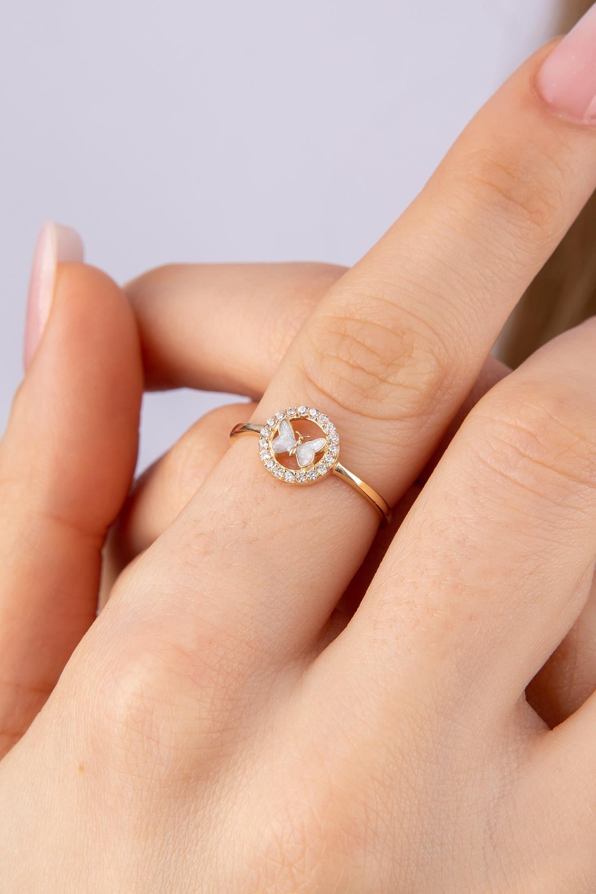 14K Gold White Enamel Butterfly Ring With Stone